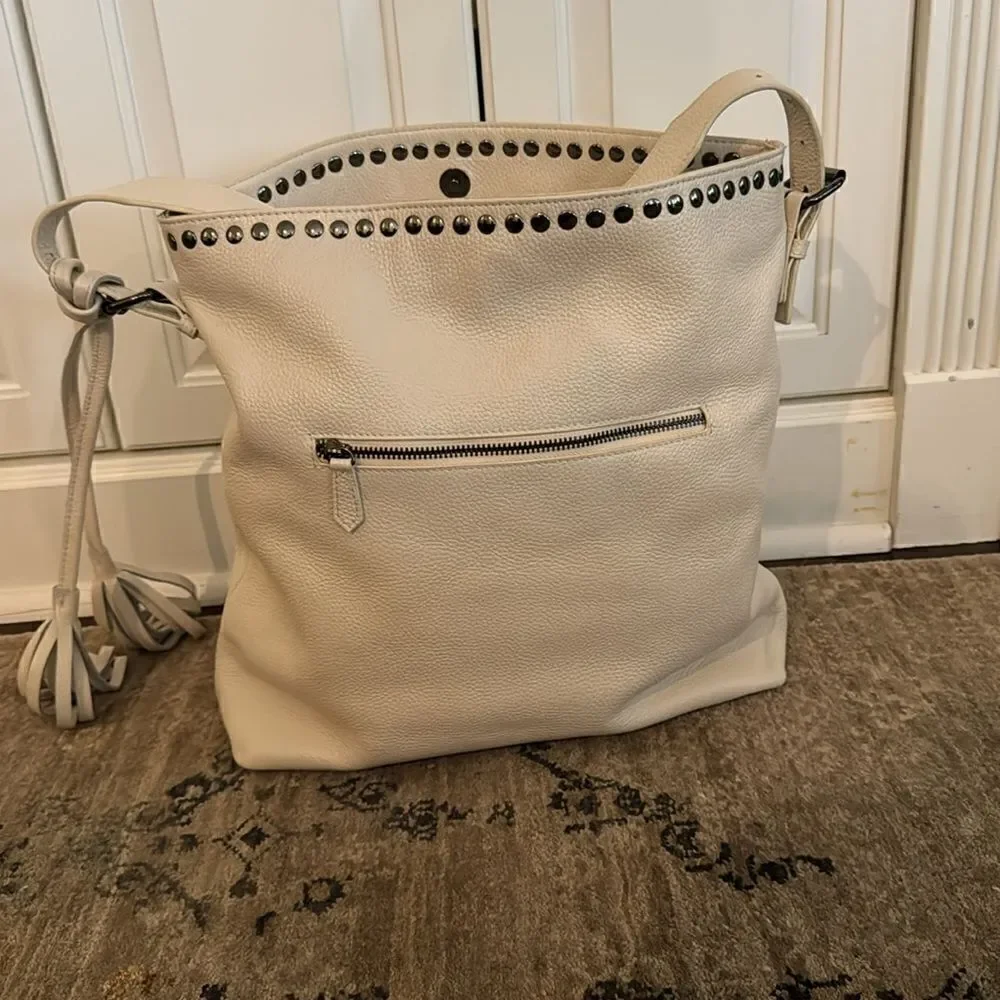 Stunning Laggo “Reed Ivory” Pebbled Leather Studded Hobo Bag
